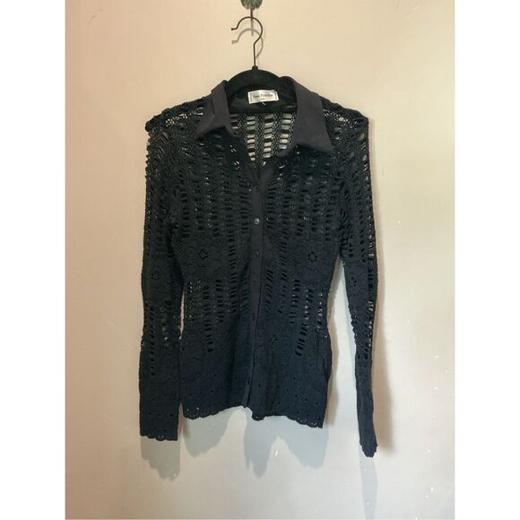 ANNE FONTAINE Black Lace Blouse Long Sleeve Collared Top Designer - Picture 2 of 8